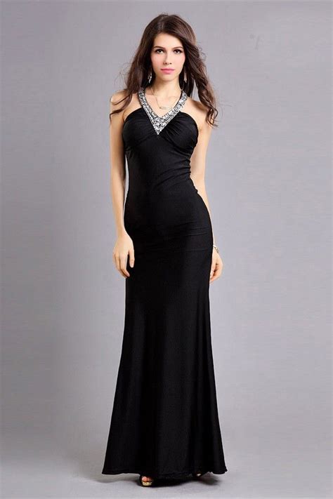 Fitted V Neck Cutouts Back Long Black Jersey Beaded Evening Prom Dress