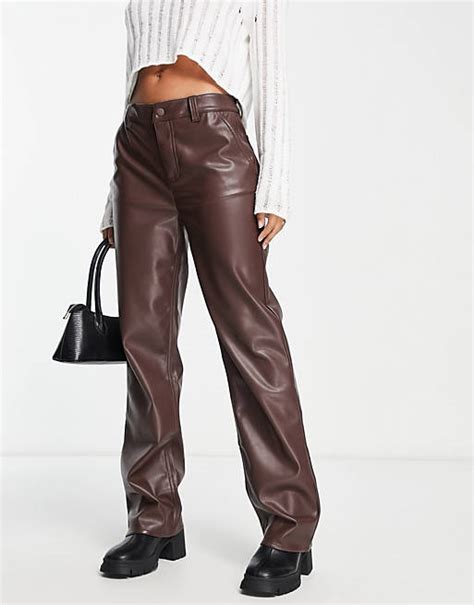 Asos Design Faux Leather Straight Leg Trousers In Brown Asos