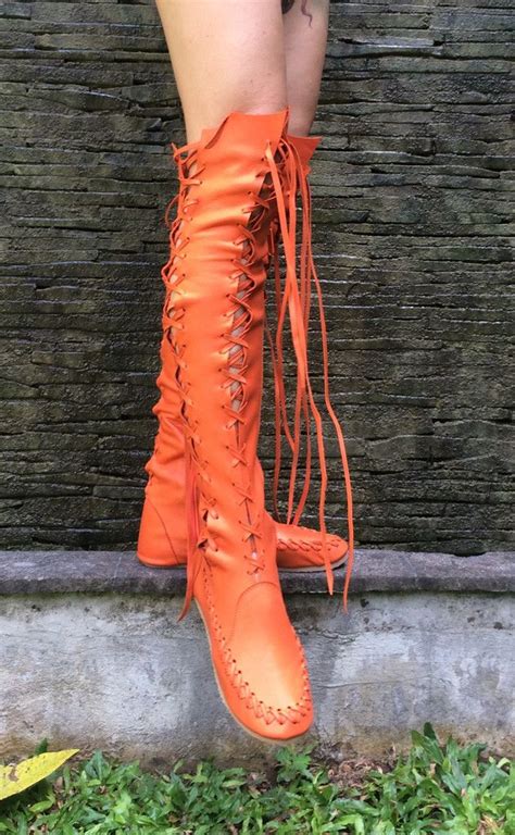 Orange Leather Knee High Boots Knee High Leather Boots Boots Orange