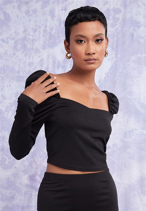 buy styli black puff sleeve crop top and skirt set for women in riyadh jeddah