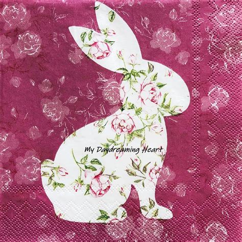 Easter Bunny Decoupage Napkin Rabbit Napkin For Decoupage Flowers Pink