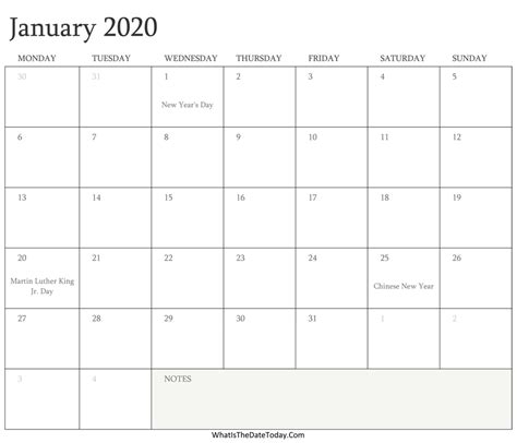 Editable Calendar January 2020 With Holidays Whatisthedatetodaycom