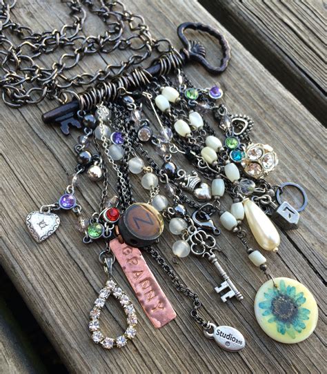 this amazing necklace was made at dry gulch beads and jewelry and features tons of upcycled