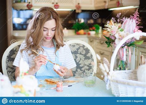 Beautiful Girl Painting Eggs Preparing For Easter Stock Photo Image