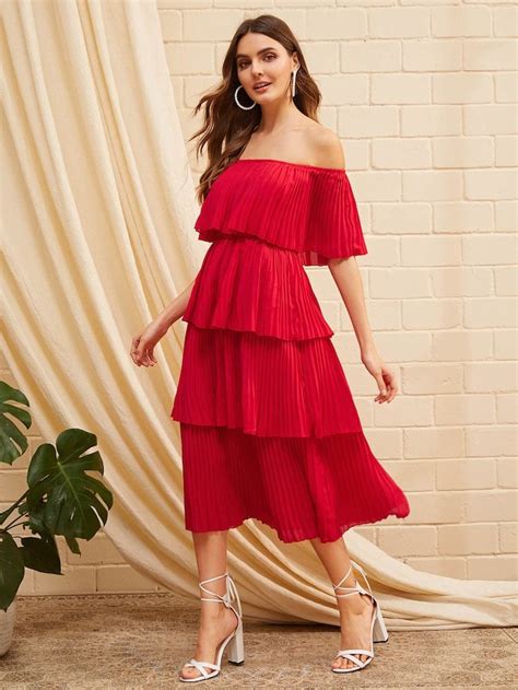 Foldover Front Off Shoulder Layered Pleated Dress Shein Layered Ruffle Dress Pleated Dress