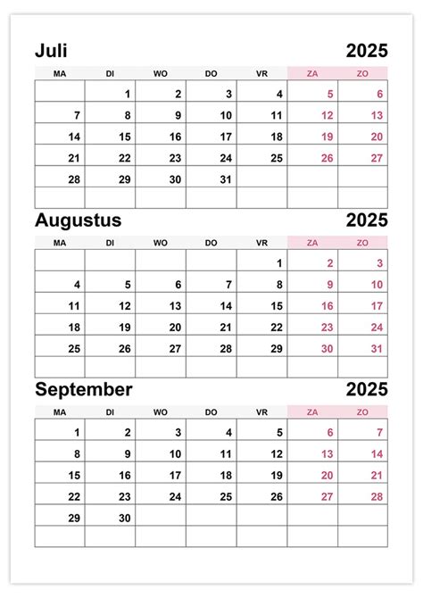 Kalender Juli Augustus September 2025