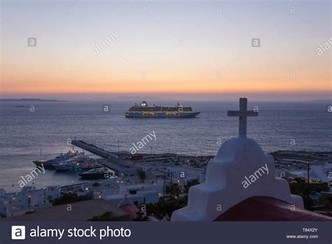 mykonos town mykonos south aegean greece view across the aegean sea from hillside dusk