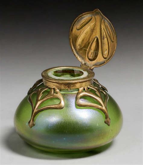 Loetz Art Nouveau Brass Overlay Art Glass Inkwell C1905 California