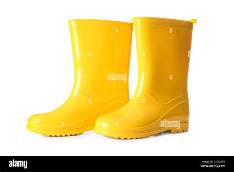 Pair Of Yellow Rubber Boots On White Background Stock Photo Alamy