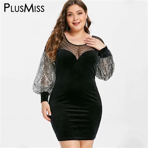 Plusmiss Plus Size Sexy Mesh Sequin See Through Evening Party Dresses