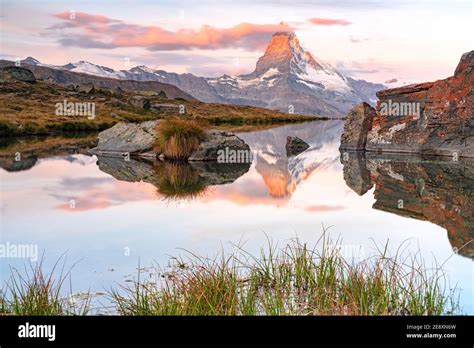 Matterhorn Reflected In The Pristine Water Of Lake Stellisee At Dawn