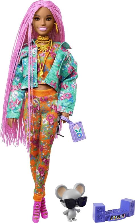 Barbie Extra Doll And Accessories With Long Pink Braids In Teal Floral Jacket And 2 Piece Floral