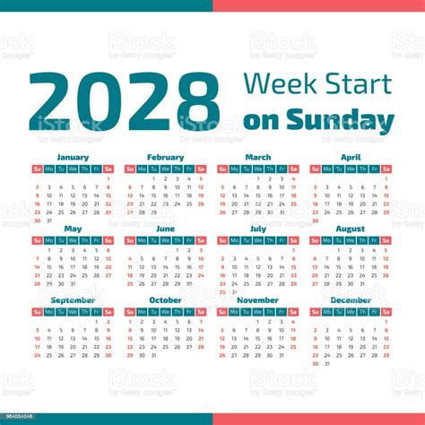 Vetores De Calendário Do Ano De 2028 Simples E Mais Imagens De 2028