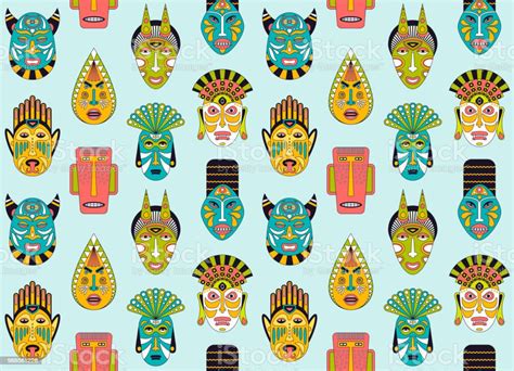 African Ethnic Tribal Masks Seamless Pattern In Flat Style Vector