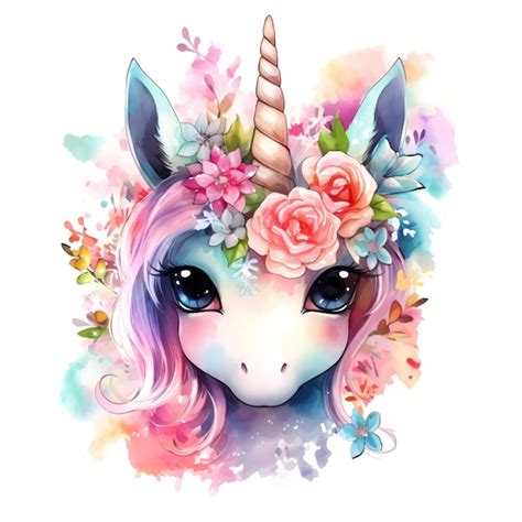 Lindo unicornio mágico colorido con flores en estilo acuarela Foto