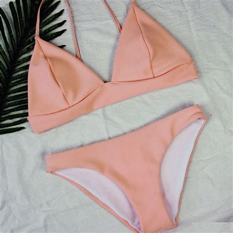 Nuevo Bikini Sólido De Verano Para Mujer Sexy Rosa Tejido Acolchado