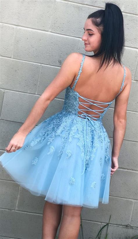 A Line Spaghetti Straps Blush Homecoming Dress With Appliques Beading In 2020 Light Blue