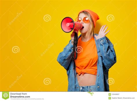 Girl In Jeans Clothes With Pink Megaphone Stock Image Image Of Orange