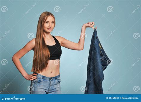 Fit Young Woman In Loose Jeans Stock Image Image Of Background