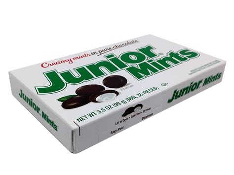 Junior mints are a candy brand consisting of small rounds of mint filling inside a dark chocolate coating, with a dimple on one side. Junior Mints Theater Box - StockUpMarket