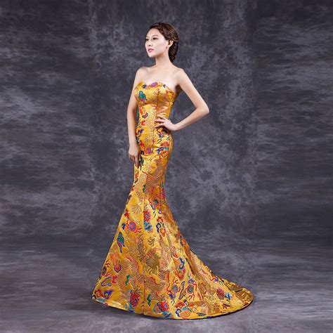 Hot Sale 2016 Fashion Yellow Cheongsam Qipao Long Chinese Traditional Wedding Dress Oriental