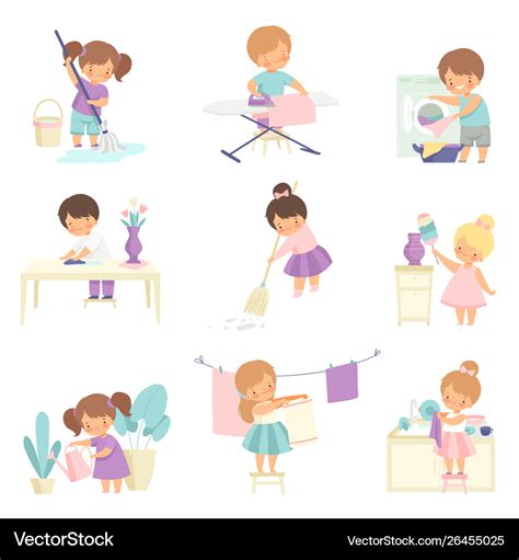 Cute Adorable Kids Doing Housework Chores At Home Vector Image