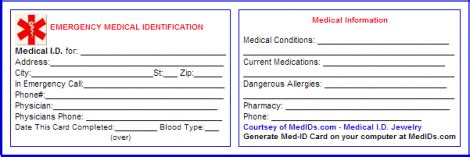 Medical alert cards can provide this critical information. Free Printable Medical ID Cards