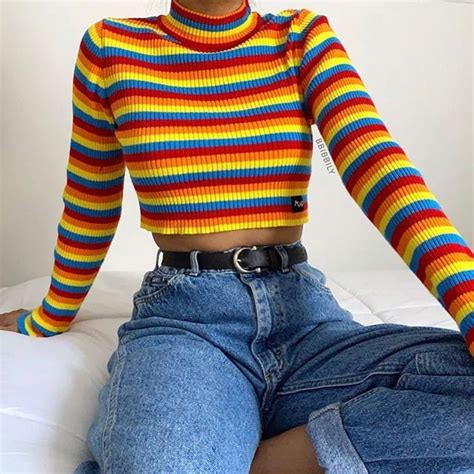 1 Or 2 🌈🍁 Rainbow And Deep Warm Ribbed Top Colourful Outfits Retro