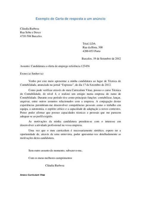 Carta De Apresentação Resposta Ao Anuncio