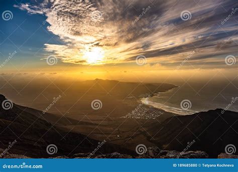 Amazing Sunset Over Ocean Resort Beach Famara Lanzarote Canary Islands