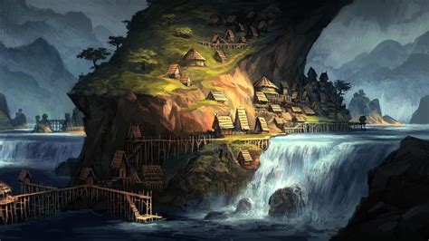 Artwork Fantasy Art Village Villages House Waterfall River Water