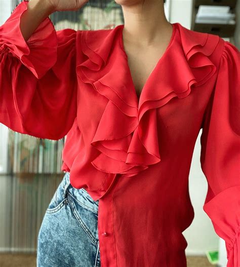 vintage red sheer ruffled blouse on mercari women ruffle blouse ruffle blouse blouse