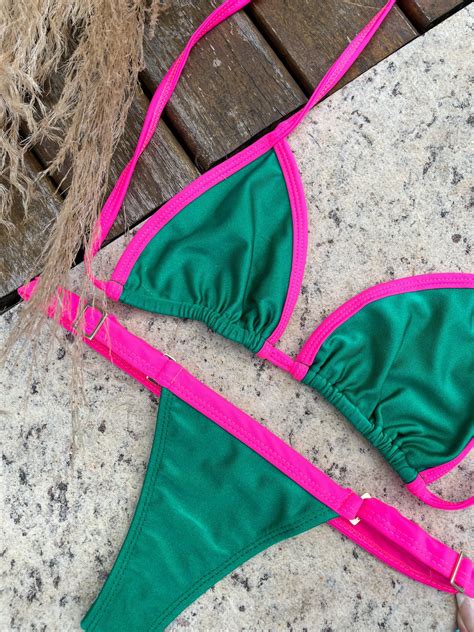 Conjunto Biquini Cortininha Fita Acetinado Verde E Rosa