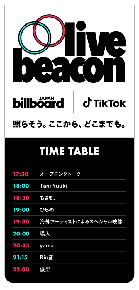 111（月・祝）に開催されるbillboard Japanとtiktokによる配信ライブ【live Beacon 2021】のタイムテーブル