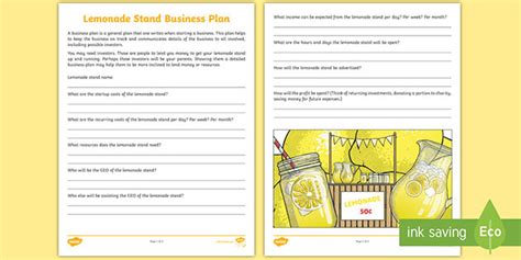 lemonade stand business plan template summer activity