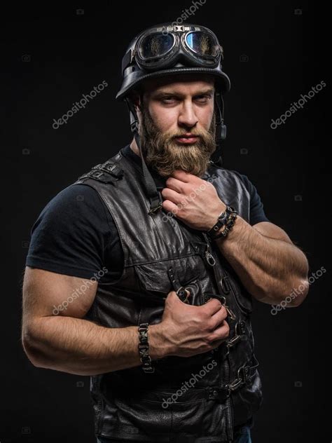 Portrait Handsome Bearded Biker Man In Leather Jacket And Helmet Stock
