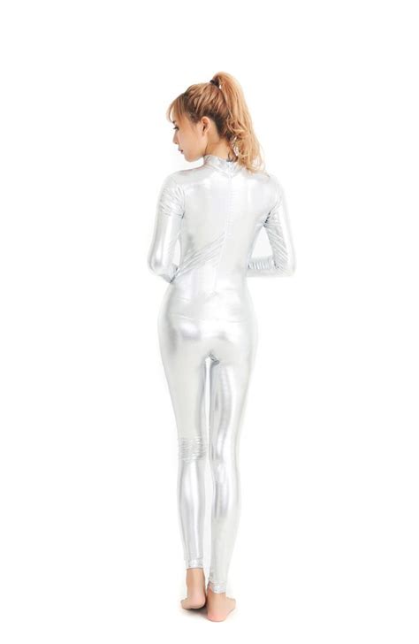 Women Silver Metallic Catsuits Long Sleeve Unitards Full Bodysuit