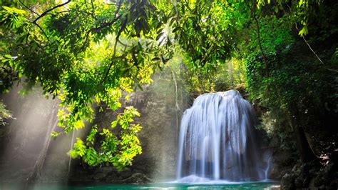 Kanchanaburi Thailand Waterfall Nature Sunlight Water Trees High