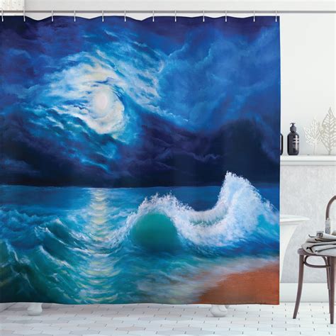 Ocean Shower Curtain Moonlight Over Wavy Sea Dramatic Sky Beach