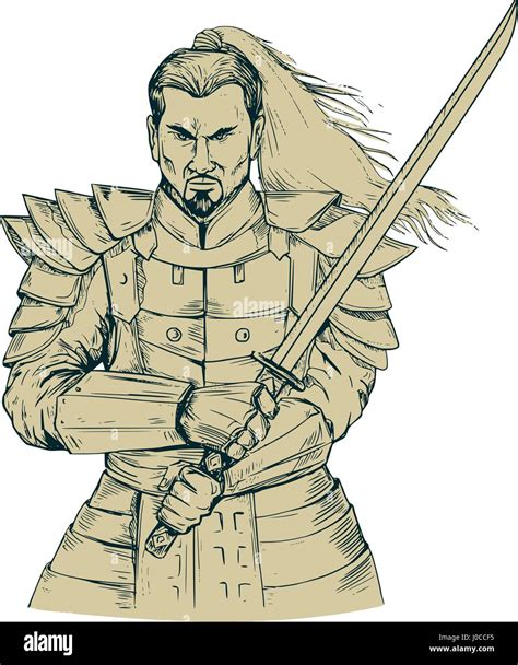 Drawing Sketch Style Illustration Of A Samurai Warrior Holding Katana Sword In A Swordfight