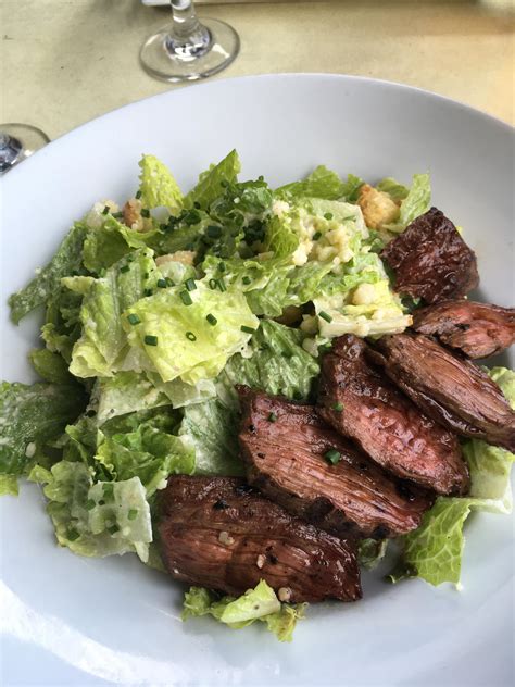It is also crucial to understand the best cooking method — and medium — for each different type of steak. I ate a simple Caesar salad with grilled hanger steak : food