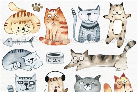 Watercolor Funny Cats Clipart Custom Designed Illustrations