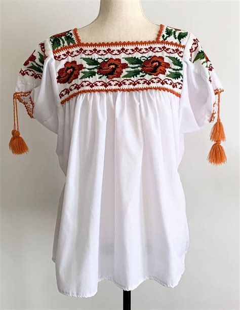 Embroidered Mexican Tunic Top Vintage White Cotton Blend Floral