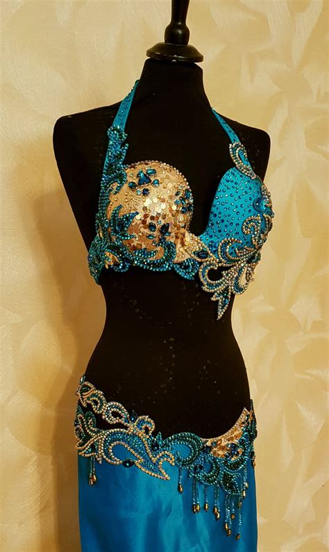 Belly Dance Costume Teal Golden Emerald Professional Belly Etsy Belly Dancer Costumes Belly