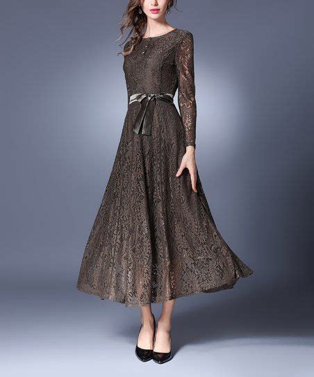 Coeur De Vague Coffee Lace Button Front Midi Dress Flowy Lace Dress