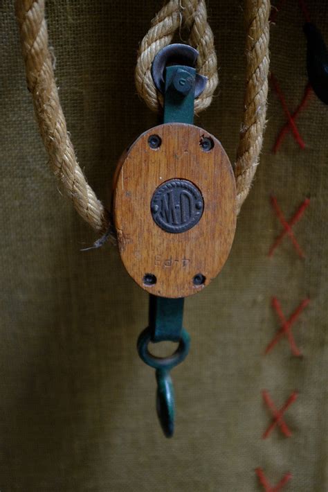 Industrial Wood Block And Tackle With Green Hardware And Rope Antares