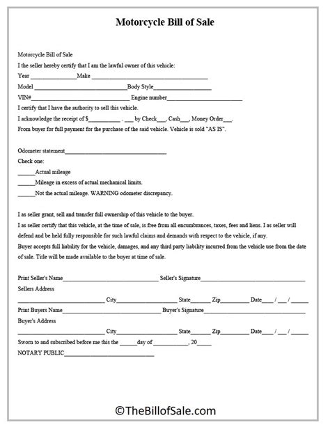 Motorcycle Bill Of Sale Form Template In Printable Pdf Format