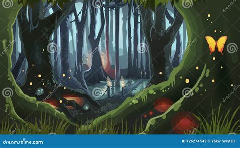 Fantasy Forest Illustration Dark Night Magic Trees Stock Vector