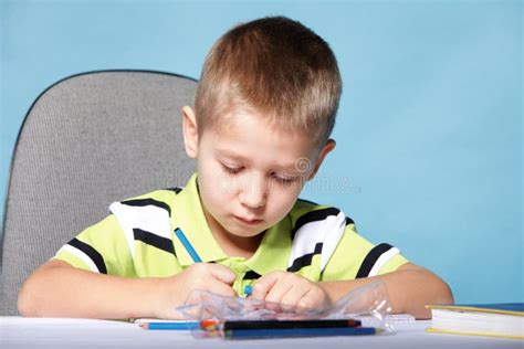 Young Cute Boy Draws With Color Pencils Stock Image Image Of Colorful