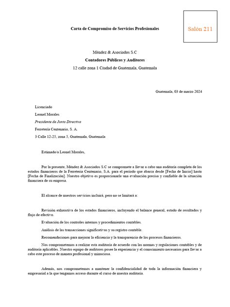 Carta De Compromiso De Servicios Profesionales 1 Pdf Auditoría